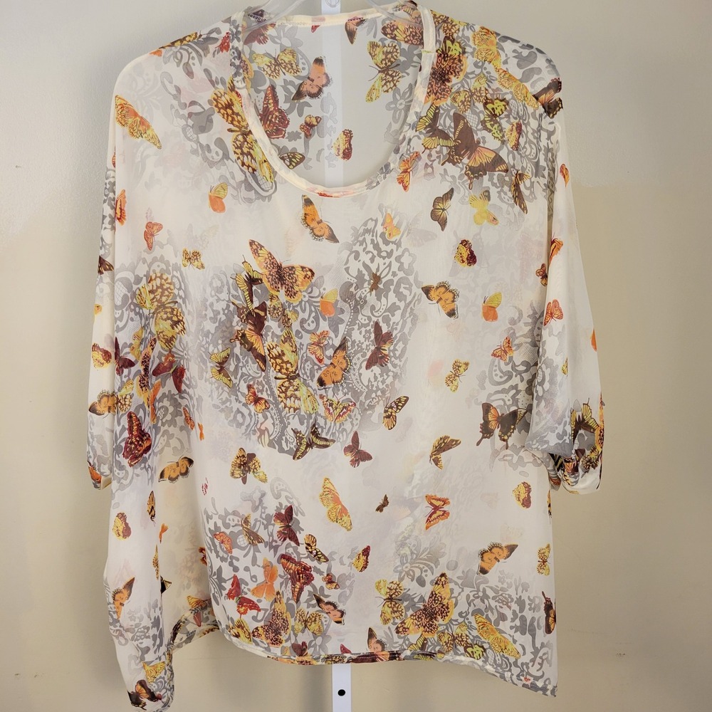 Butterfly Print Chiffon Oversized Blouse Cream Yellow 3/4 Sleeve